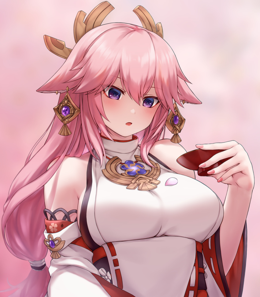 1girl :o animal_ears bangs bare_shoulders blush breasts cherry_blossoms chien_zero commentary cup detached_sleeves earrings eyebrows_visible_through_hair eyes_visible_through_hair floppy_ears fox_ears genshin_impact hair_between_eyes highres holding holding_cup japanese_clothes jewelry long_hair looking_down low-tied_long_hair medium_breasts nail_polish necklace nontraditional_miko pink_background pink_hair pink_nails sakazuki shiny shiny_hair shirt sidelocks sleeveless sleeveless_shirt solo turtleneck upper_body violet_eyes vision_(genshin_impact) white_shirt wide_sleeves yae_miko