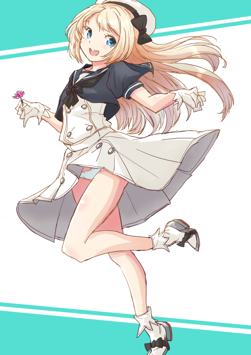 1girl black_shirt blonde_hair blue_eyes blue_sailor_collar commentary_request dress flower fuji_(pixiv24804665) gloves hat highres holding holding_flower jervis_(kancolle) kantai_collection looking_at_viewer panties puffy_sleeves sailor_collar sailor_dress sailor_hat shirt short_sleeves socks solo underwear white_dress white_gloves white_headwear white_legwear white_panties