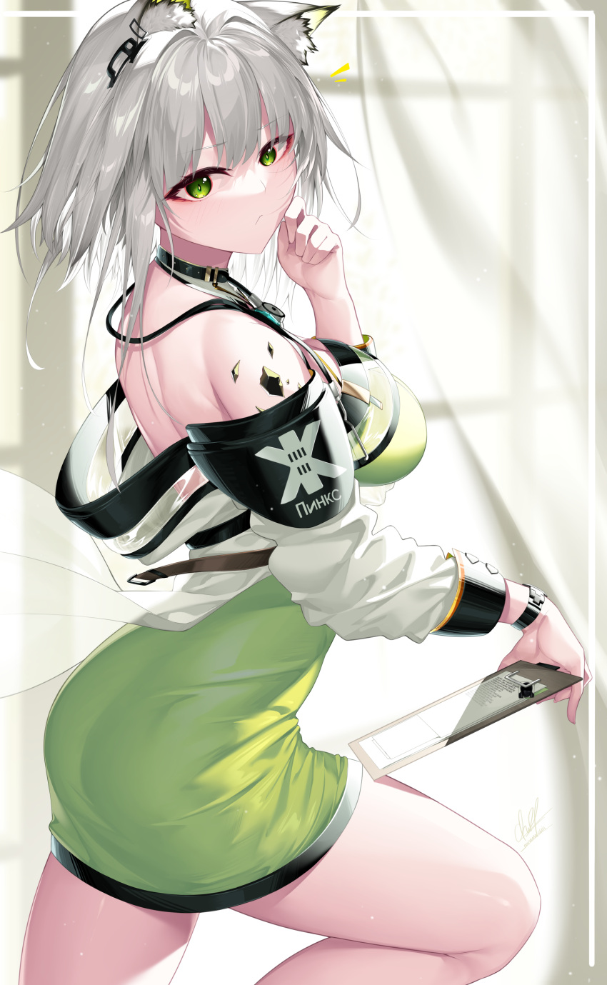 1girl absurdres animal_ear_fluff animal_ears arknights ass bangs bare_shoulders breasts cat_ears clipboard commentary dress eyebrows_visible_through_hair green_dress green_eyes hand_up highres indoors izulizuru kal'tsit_(arknights) large_breasts long_sleeves looking_at_viewer off_shoulder oripathy_lesion_(arknights) pencil_dress short_dress short_hair silver_hair solo stethoscope thighs