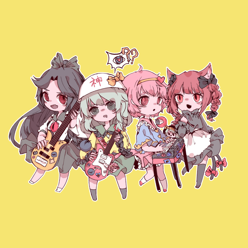 4girls :d :o ? ?? @_@ absurdres animal_ear_fluff animal_ears apron bangs black_hair blouse blue_blouse blunt_bangs blush_stickers bow bowl bowl_hat braid buttons cat_ears cat_tail character_doll chibi collared_shirt commentary diamond_button dress electric_guitar eyebrows_behind_hair fang frilled_shirt_collar frilled_sleeves frills green_bow green_dress green_eyes green_hair green_skirt guitar hair_bow hair_ornament hairband hat hat_bow heart heart_button heart_hair_ornament highres holding holding_instrument instrument kaenbyou_rin keyboard_(instrument) komeiji_koishi komeiji_satori long_hair long_sleeves looking_at_another looking_at_viewer makihako_bunko medium_hair multiple_girls multiple_tails music open_mouth parted_bangs pink_eyes playing_instrument red_bow red_eyes redhead reiuji_utsuho shirt simple_background skin_fang skirt slit_pupils smile speech_bubble spoken_object standing sticker tail tail_bow tail_ornament third_eye touhou translated twin_braids two_tails very_long_hair waist_apron white_apron white_headwear white_shirt wide_sleeves yellow_background yellow_blouse yellow_bow yellow_hairband