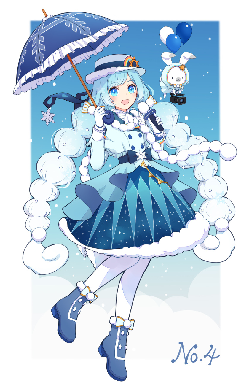 1girl :d absurdres animal ankle_boots azaka_(pipponao) balloon blue_background blue_capelet blue_dress blue_eyes blue_footwear blue_hair blue_headwear blue_ribbon boots bow camera capelet clothed_animal curly_hair dress floating frilled_umbrella full_body fur-trimmed_dress fur_trim gloves hair_bow hair_ornament hands_up hat hat_ornament hat_ribbon hatsune_miku highres holding holding_camera holding_microphone holding_umbrella hood hood_up long_hair long_sleeves looking_at_viewer microphone multi-tied_hair multicolored_hair outside_border pantyhose pom_pom_(clothes) pom_pom_hair_ornament rabbit rabbit_yukine rainbow raincoat ribbon sash scarf smile snowflake_ornament snowflake_print snowing star_(symbol) star_in_eye starry_sky_print sun_symbol symbol_in_eye twintails two-tone_hair umbrella umbrella_riding very_long_hair vocaloid white_bow white_gloves white_legwear white_scarf yuki_miku