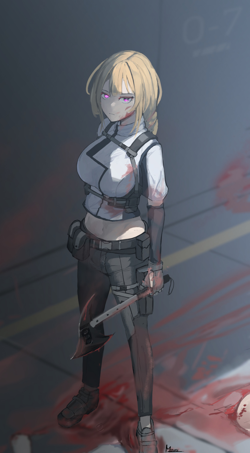 1girl absurdres ammunition_belt arm_behind_back artist_name axe bangs belt black_footwear black_gloves black_pants blonde_hair blood blood_on_clothes blood_on_face breasts closed_mouth eyebrows_visible_through_hair full_body gloves harness highres holding holding_axe holster long_hair long_sleeves looking_at_viewer medium_breasts midoku navel original pants ponytail serious shirt shoes simple_background solo standing tactical_clothes violet_eyes white_shirt zilya_(midoku)