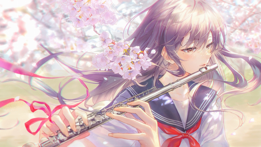 1girl bangs blue_sailor_collar blush bow branch brown_eyes brown_hair cherry_blossoms commentary_request dappled_sunlight eyebrows_visible_through_hair floating_hair flute hair_between_eyes hair_over_eyes haru_(hiyori-kohal) instrument long_hair mole mole_under_eye music original outdoors parted_lips petals playing_instrument pursed_lips red_bow red_ribbon ribbon sailor_collar school_uniform sideways solo striped sunlight tree wavy_hair wind