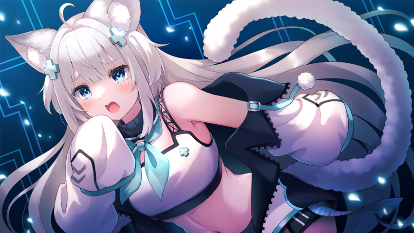 1girl 60mai amaris_yuri animal_ear_fluff animal_ears aqua_bow aqua_bowtie bangs blue_eyes blush bow bowtie breasts circuit_board collar commentary commission detached_sleeves embarrassed indie_virtual_youtuber jacket leaning_forward leopard_ears leopard_girl leopard_tail long_hair looking_at_viewer medium_breasts navel open_mouth shorts skeb_commission sleeves_past_fingers sleeves_past_wrists tail tank_top unzipped upper_body very_long_hair virtual_youtuber white_hair white_jacket white_shorts white_sleeves white_tank_top