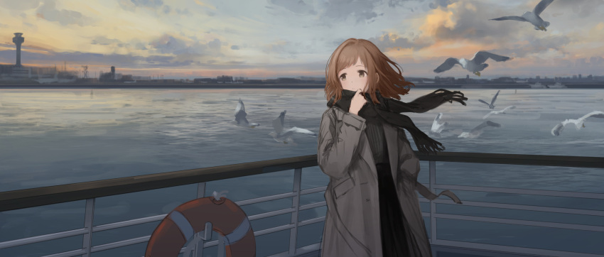 1girl alternate_costume awoilo bird black_scarf brown_hair coat expressionless floating_hair floating_scarf grey_coat hand_in_pocket highres idolmaster idolmaster_shiny_colors looking_afar outdoors sakuragi_mano scarf scenery seagull ship solo water watercraft