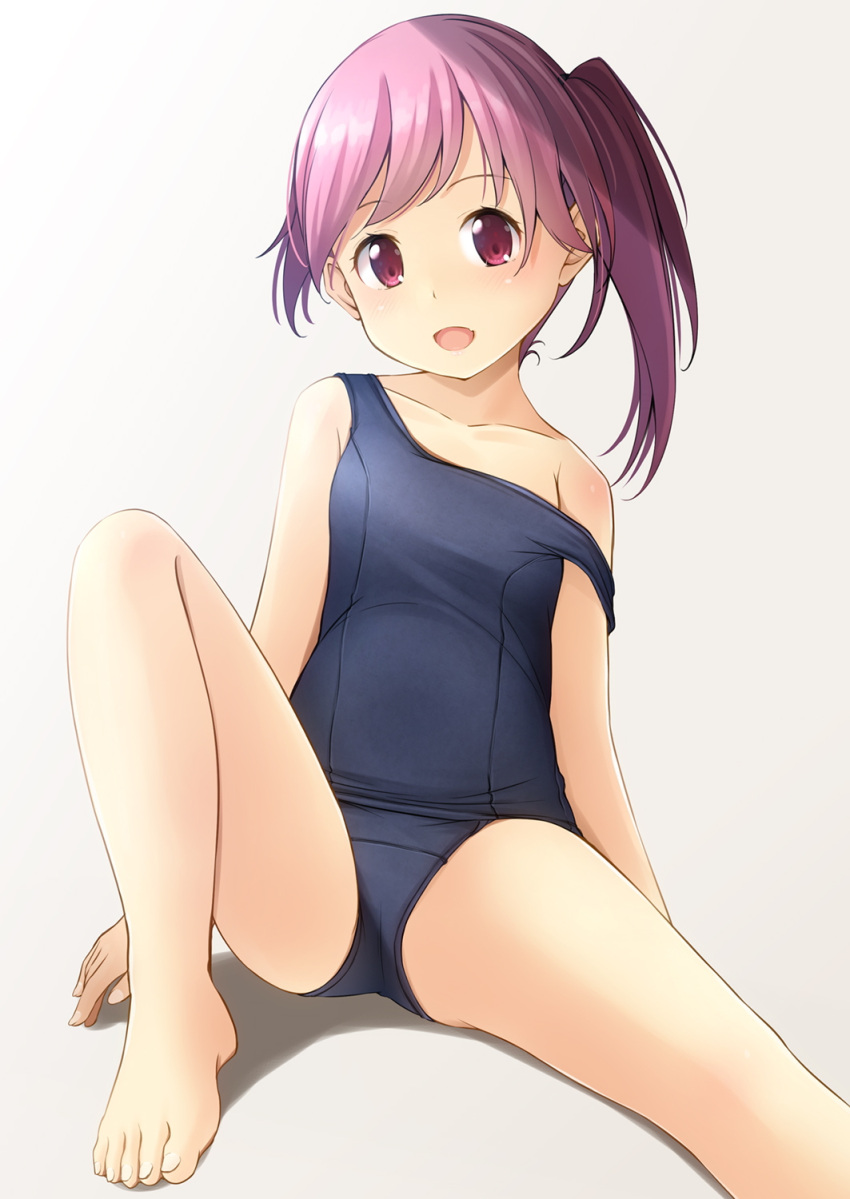 1girl :d bangs bare_arms bare_legs bare_shoulders barefoot black_swimsuit collarbone commentary_request eyebrows_visible_through_hair grey_background highres knee_up looking_at_viewer old_school_swimsuit one-piece_swimsuit original purple_hair redhead school_swimsuit shadow shibacha side_ponytail sitting smile solo strap_slip swimsuit