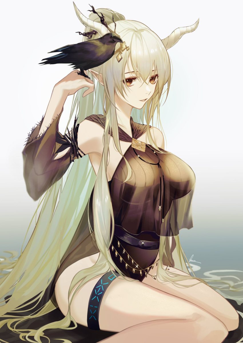 1girl arknights bangs bare_shoulders bird breasts brown_eyes demon_girl demon_horns detached_sleeves highres horns infection_monitor_(arknights) kawausoman large_breasts long_hair official_alternate_costume parted_lips pointy_ears ponytail shining_(arknights) shining_(silent_night)_(arknights) silver_hair solo swimsuit very_long_hair