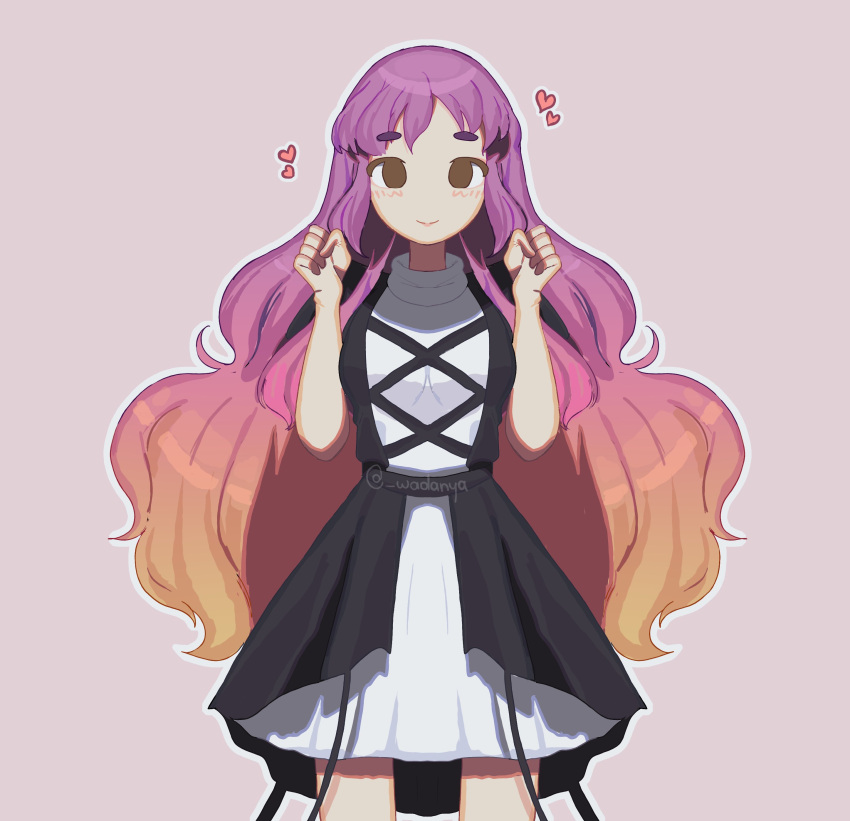 1girl absurdres bangs black_dress brown_background brown_eyes brown_hair closed_mouth cowboy_shot dress english_commentary eyebrows_visible_through_hair heart highres hijiri_byakuren layered_dress long_hair looking_at_viewer nino_(wadanya) outline purple_hair simple_background smile solo standing touhou white_dress white_outline