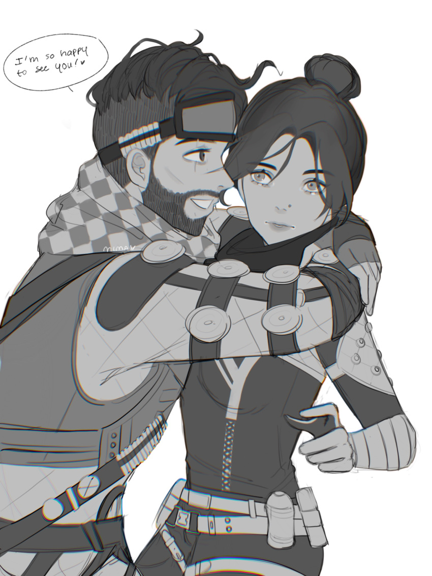 1boy 1girl apex_legends apex_legends:_overtime belt bodysuit breasts checkered_clothes checkered_scarf english_commentary english_text eyebrows_visible_through_hair facial_hair fingerless_gloves gloves goatee goggles goggles_on_head greyscale hair_bun highres hug itsaboutspoons medium_breasts mirage_(apex_legends) monochrome nose_piercing open_hand piercing scarf scene_reference smile speech_bubble thigh_strap wraith_(apex_legends)