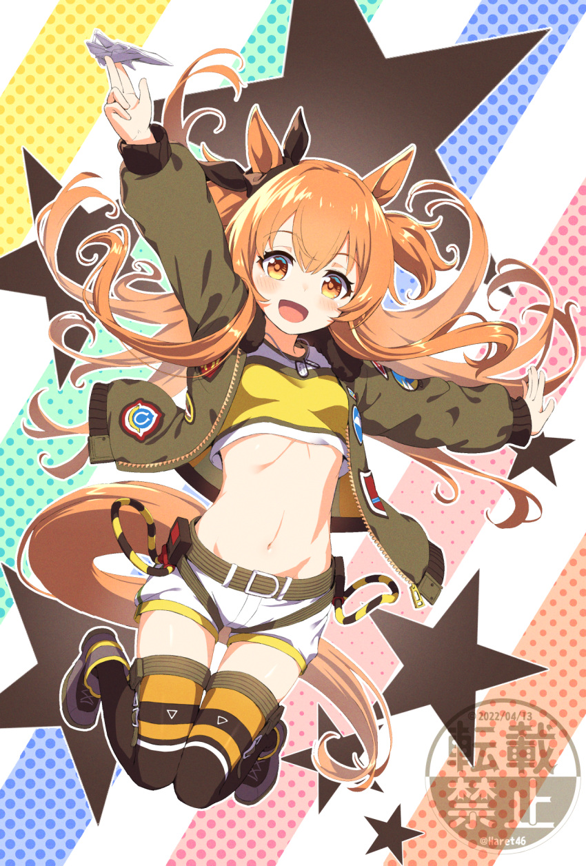 1girl :d animal_ears arms_up bangs blush bomber_jacket breasts brown_footwear brown_legwear brown_ribbon commentary crop_top dog_tags ear_ribbon eyebrows_visible_through_hair full_body green_belt green_jacket groin hair_between_eyes halftone halftone_background highres holding_paper_airplane horse_ears horse_girl horse_tail jacket kagami_(haret46) long_hair long_sleeves looking_at_viewer mayano_top_gun_(umamusume) midriff multicolored_background navel open_clothes open_jacket open_mouth orange_eyes orange_hair paper_airplane ribbon shirt shoes short_shorts shorts sidelocks small_breasts smile sneakers solo starry_background tail thigh-highs thigh_gap twitter_username two_side_up umamusume watermark white_background white_shorts yellow_shirt zipper zipper_pull_tab