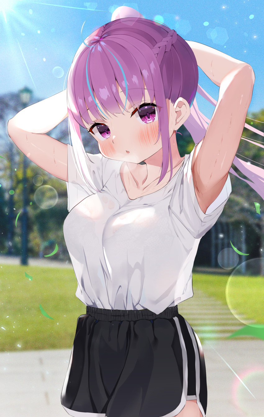 1girl absurdres ahoge arm_up bangs black_shorts blue_hair blunt_bangs blush braid breasts collarbone dolphin_shorts french_braid highres hololive large_breasts long_hair looking_at_viewer minato_aqua multicolored_hair open_mouth ponytail purple_hair shirt shorts solo streaked_hair two-tone_hair violet_eyes virtual_youtuber wet white_shirt yamamoto_(ymmt_is_sexy)