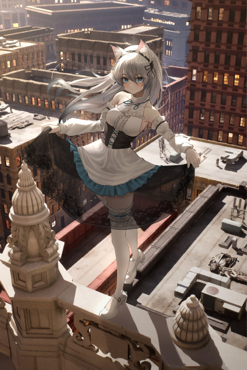 1girl animal_ears balancing bangs bare_shoulders black_hairband blue_eyes breasts building cat_ears cityscape clothes_lift curtsey detached_sleeves dress dress_lift frilled_legwear frills hair_between_eyes hairband highres kkkk_(laa2973) light long_hair looking_at_viewer medium_breasts on_railing original outdoors outstretched_arms railing rooftop see-through see-through_dress sleeveless sleeveless_dress solo spread_arms standing standing_on_one_leg stone stone_building sunlight thigh-highs white_dress white_hair white_legwear window zettai_ryouiki