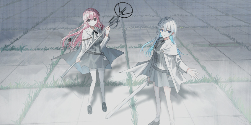 2girls absurdres bangs black_bow black_footwear black_necktie blue_eyes blue_hair bow braid breasts brown_eyes chihuri collared_shirt dress_shirt eyebrows_visible_through_hair gradient_hair grass grey_skirt grey_vest hair_between_eyes hair_bow highres holding holding_staff holding_sword holding_weapon jacket loafers long_hair long_sleeves looking_at_viewer multicolored_hair multiple_girls necktie open_clothes open_jacket original pantyhose pink_hair shirt shoes silver_hair skirt small_breasts staff sword twin_braids very_long_hair vest weapon white_jacket white_legwear white_shirt