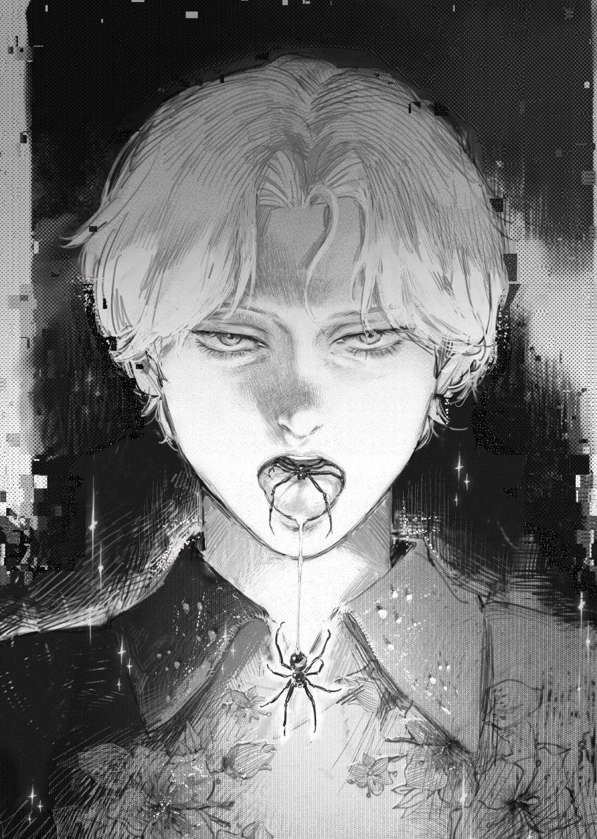 1boy absurdres animal animal_in_mouth bangs bug flower greyscale highres johan_liebert looking_at_viewer male_focus monochrome monster_(manga) parted_bangs portrait saliva sanpaku solo sparkle spider straight-on string thisuserisalive tongue tongue_out