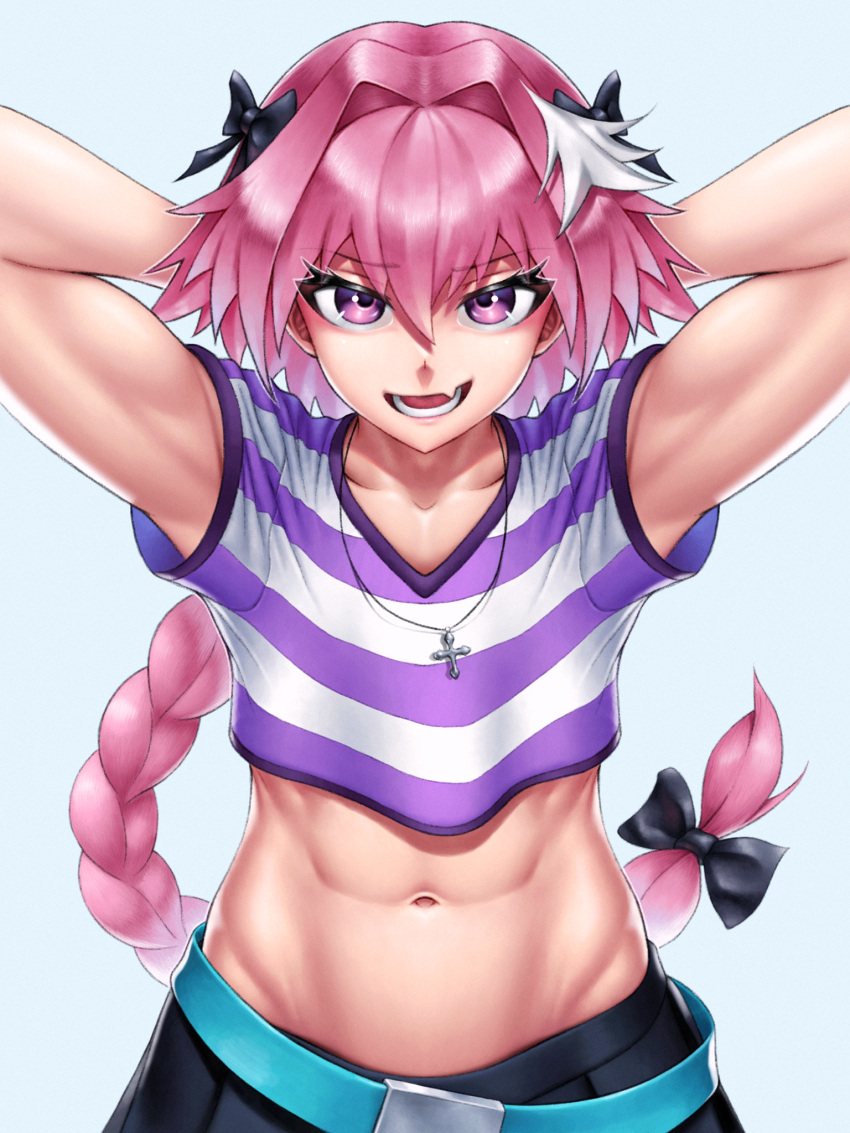 1boy abs arms_behind_head arms_up astolfo_(fate) belt belt_buckle bow braid braided_ponytail buckle commentary cropped_shirt english_commentary eyebrows_visible_through_hair fang fate/apocrypha fate_(series) hair_between_eyes hair_bow highres long_hair looking_at_viewer male_focus midriff multicolored_hair navel open_mouth pink_hair shirt short_sleeves simple_background skin_fang skirt skylock solo striped striped_shirt teeth tongue two-tone_hair upper_body violet_eyes white_hair