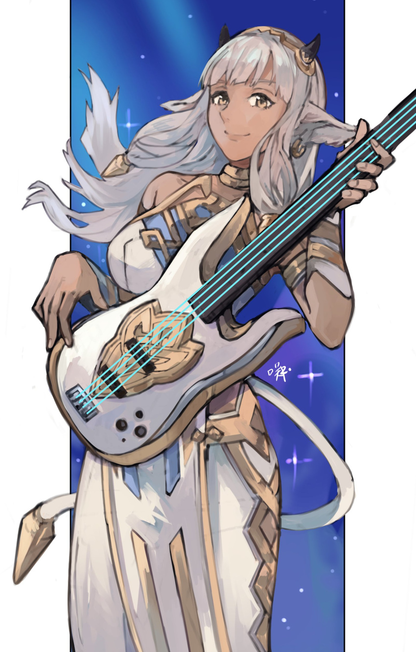 1girl absurdres animal_ears ash_(fire_emblem) bare_shoulders bass_guitar black_horns brown_eyes closed_mouth commentary cow_ears cow_girl cow_horns cow_tail dark-skinned_female dark_skin dress ear_piercing english_commentary fire_emblem fire_emblem_heroes floating_hair grey_hair highres horns instrument long_hair looking_at_viewer music pants pelvic_curtain piercing playing_instrument sakuremi signature sleeveless sleeveless_dress smile solo tail white_dress white_pants