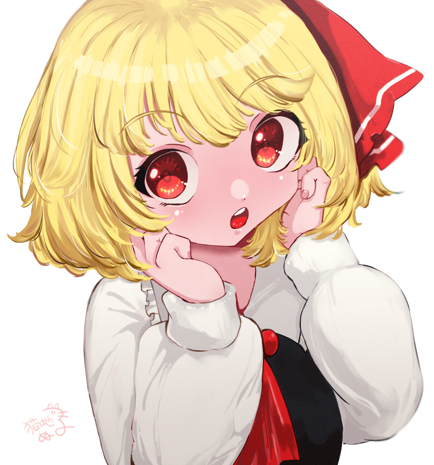 1girl blonde_hair dated eyebrows_visible_through_hair hair_ribbon hands_on_own_cheeks hands_on_own_face highres long_sleeves nukojinuko open_mouth red_eyes ribbon round_teeth rumia shirt short_hair signature simple_background solo teeth touhou upper_body upper_teeth vest white_background