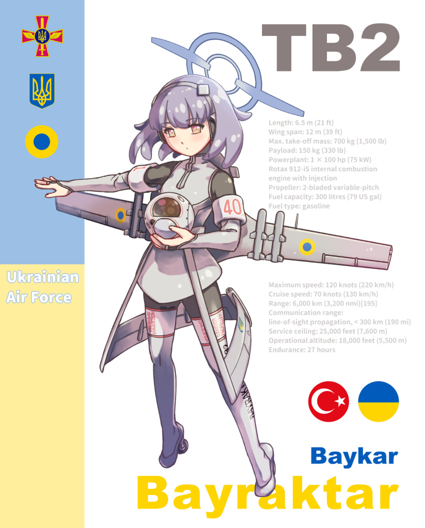 1girl acea4 airplane_wing bayraktar black_bodysuit bodysuit boots brown_eyes drone english_text grey_hair halo high_heel_boots high_heels highres long_sleeves original personification russo-ukrainian_war short_hair solo thigh-highs thigh_boots turkey_(country) ukraine