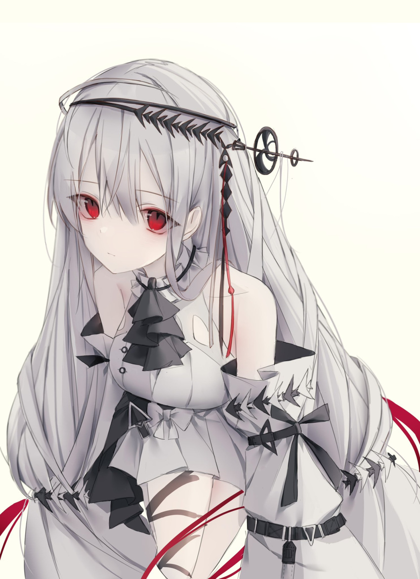 0_(znanimo) 1girl alternate_color arknights ascot bangs closed_mouth detached_sleeves dress hair_ornament highres long_hair pale_skin red_eyes short_dress silver_hair skadi_(arknights) skadi_the_corrupting_heart_(arknights) sleeveless sleeveless_dress solo thigh_strap very_long_hair