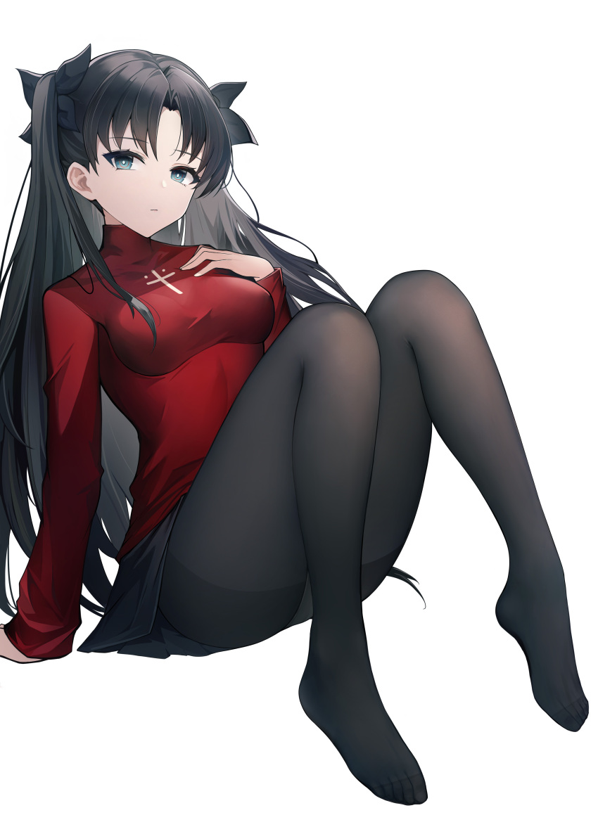 1girl absurdres bangs black_hair black_legwear black_ribbon blue_eyes breasts closed_mouth cross er_san_si expressionless eyebrows_visible_through_hair fate/stay_night fate_(series) full_body hair_ribbon hand_on_own_chest highres latin_cross long_hair long_sleeves looking_at_viewer medium_breasts no_shoes pantyhose print_sweater red_sweater ribbon simple_background sitting solo sweater tohsaka_rin two_side_up white_background
