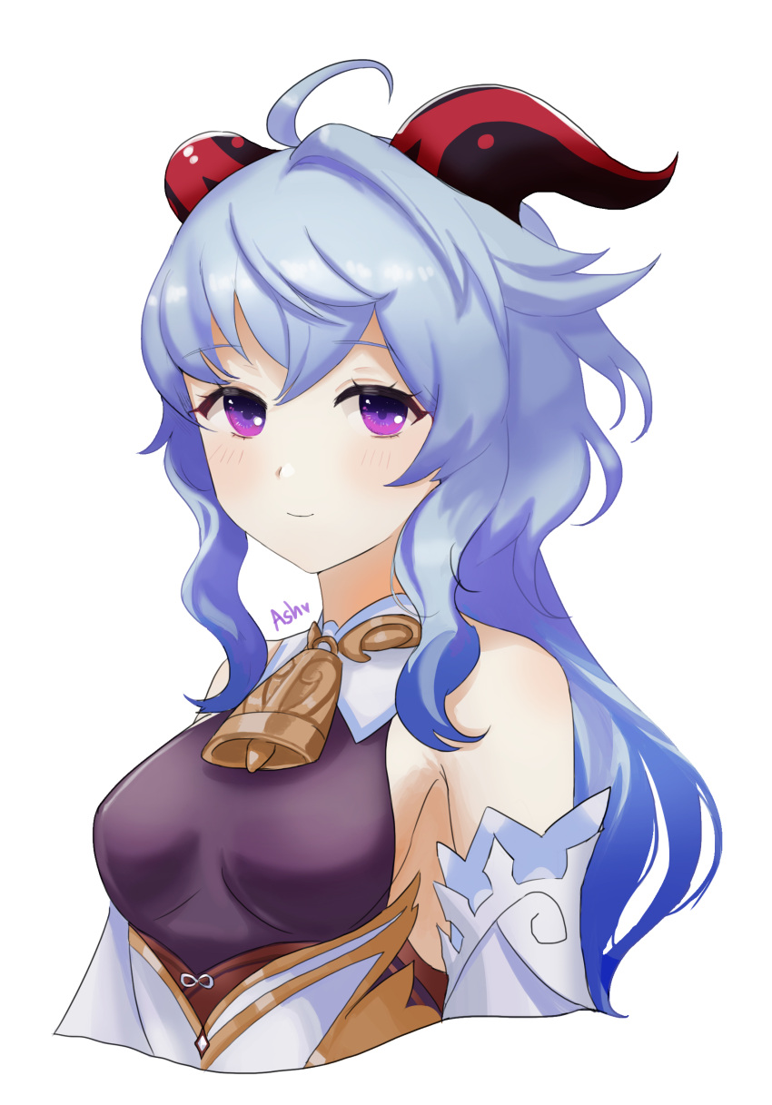 1girl absurdres ahoge artist_name ash_(cat7evy) bangs bare_shoulders bell blue_hair blush breasts detached_sleeves eyebrows_visible_through_hair ganyu_(genshin_impact) genshin_impact gold_trim highres horns long_hair looking_at_viewer low_ponytail medium_breasts neck_bell sideboob sidelocks smile solo upper_body violet_eyes white_background white_sleeves