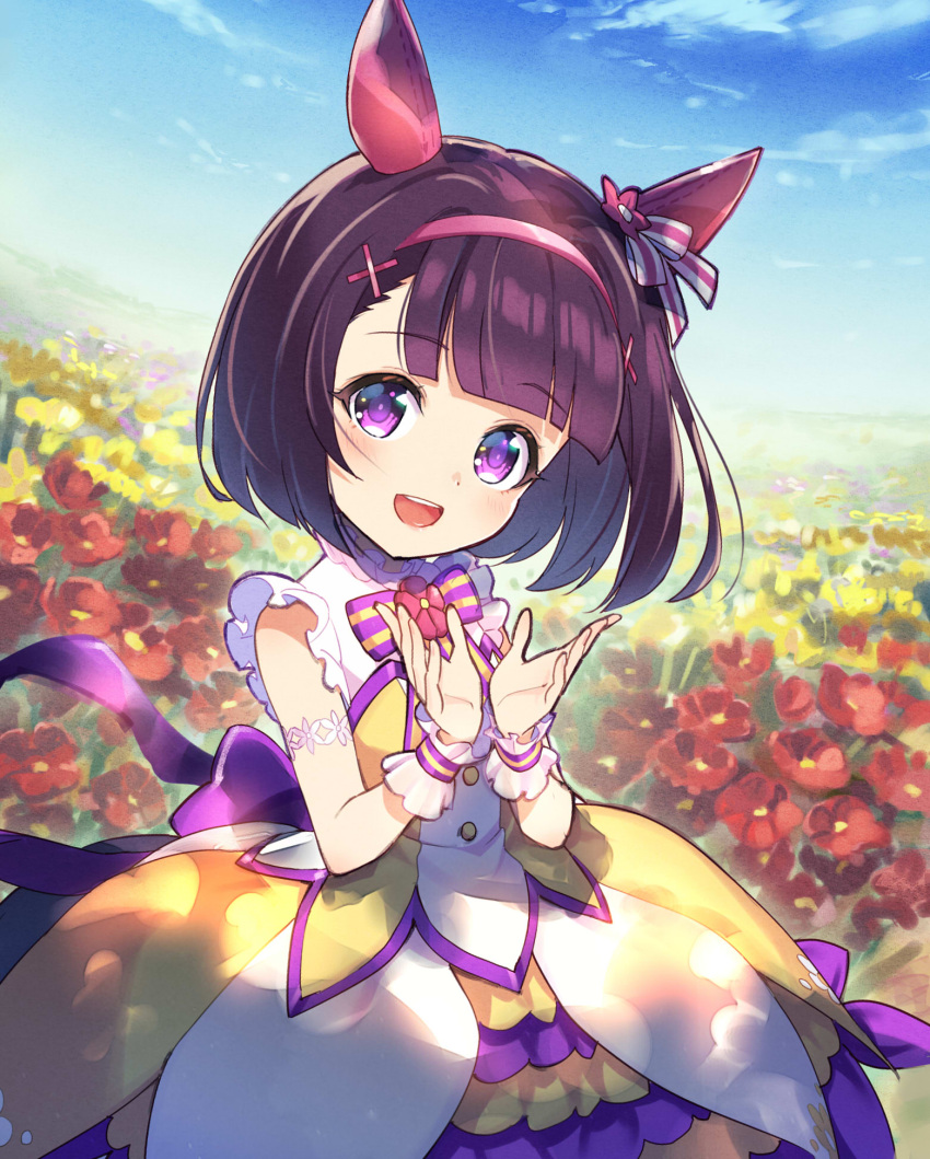 1girl animal_ears back_bow bangs black_hair blue_sky blunt_bangs bow bowtie child commentary_request dress ear_covers eyebrows_visible_through_hair field flower flower_field hair_ornament hair_ribbon hairband highres horse_ears horse_girl horse_tail looking_at_viewer multicolored_clothes multicolored_dress nishino_flower_(umamusume) outdoors pink_hairband ribbon sakino_shingetsu sky sleeveless sleeveless_dress smile solo striped striped_bow tail umamusume violet_eyes wrist_cuffs x_hair_ornament