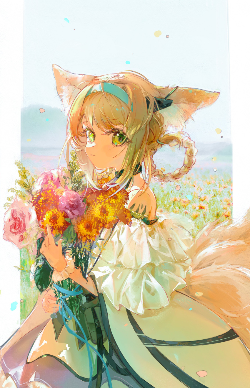 1girl absurdres animal_ears arknights bangs bare_shoulders blonde_hair closed_mouth dress earpiece flower fox_ears fox_girl fox_tail green_eyes hairband highres holding holding_flower kirrrara multiple_tails off-shoulder_dress off_shoulder oripathy_lesion_(arknights) smile solo suzuran_(arknights) symbol-only_commentary tail