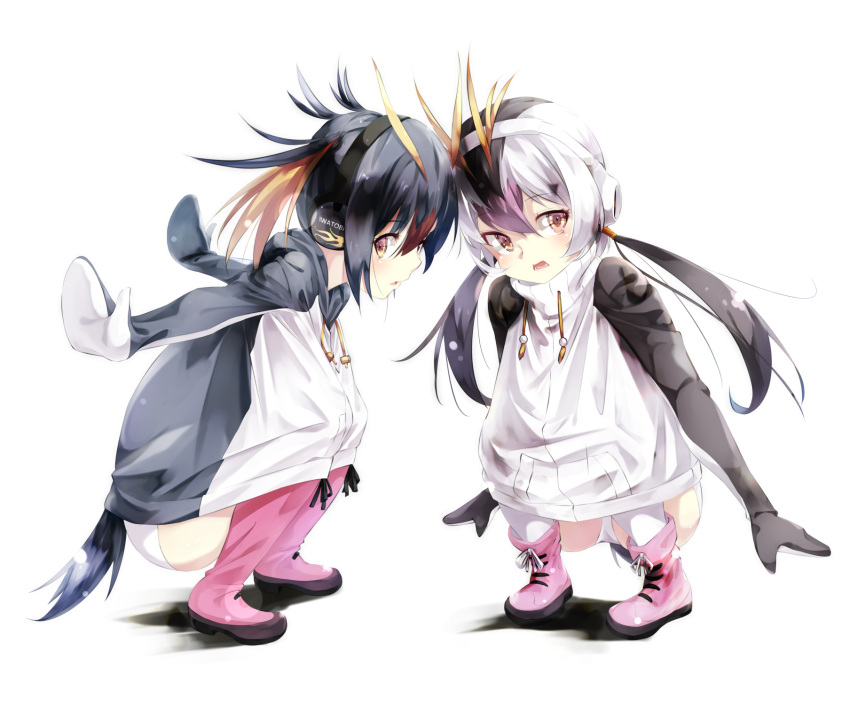2girls antenna_hair bangs bird_tail black_hair boots commentary_request drawstring eyebrows_visible_through_hair full_body gorilla_(bun0615) hair_between_eyes headphones highres jacket kemono_friends knees_to_chest long_hair long_sleeves looking_at_viewer medium_hair multicolored_eyes multicolored_hair multiple_girls orange_hair outstretched_arms parted_lips penguin_tail pink_eyes pink_hair redhead rockhopper_penguin_(kemono_friends) royal_penguin_(kemono_friends) shoes simple_background spread_arms squatting tail twintails white_background white_hair yellow_eyes