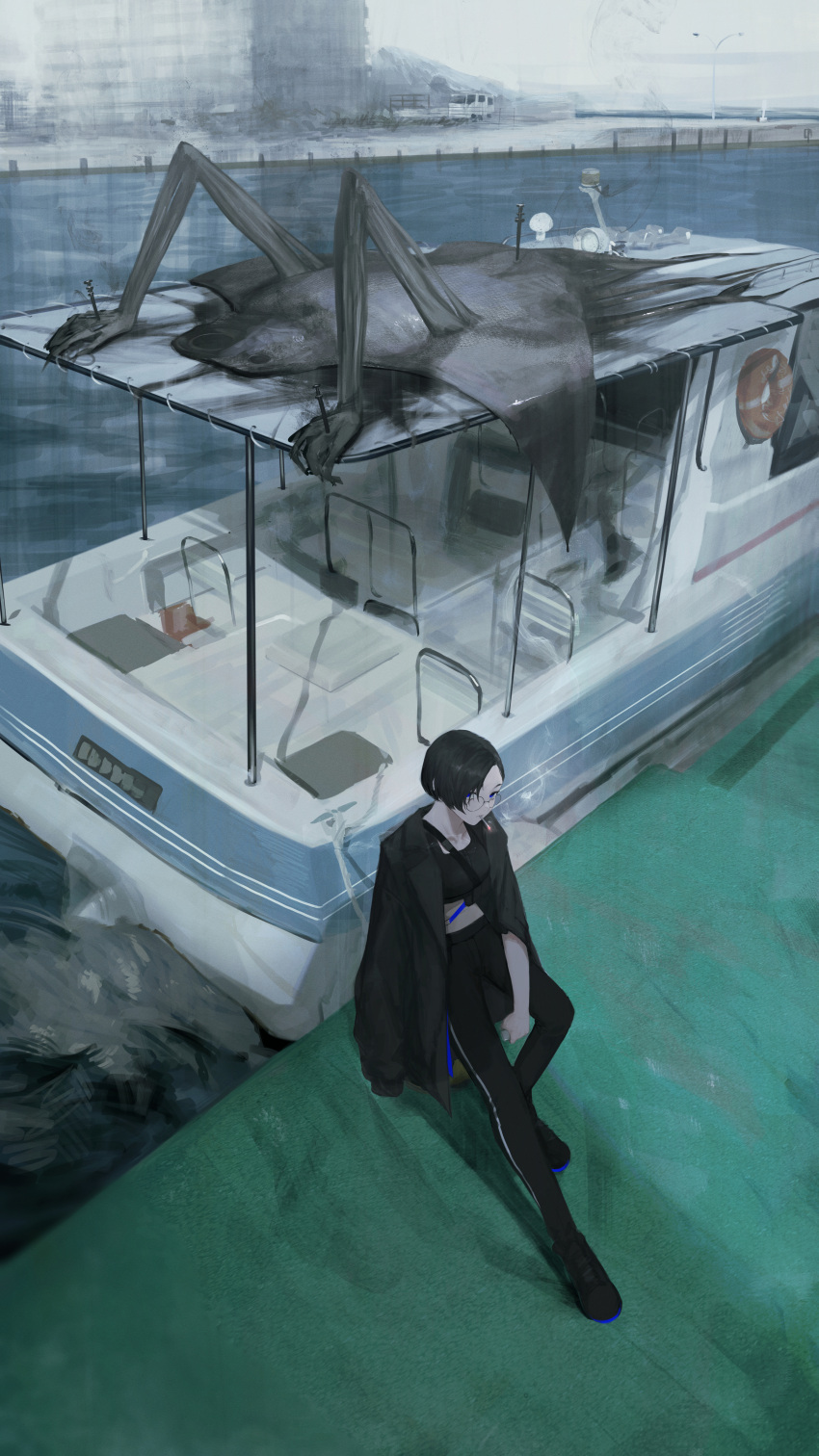 1girl 1other absurdres boat bound building cigarette cr_iws_t_72 death dock fog glasses highres jacket looking_at_viewer ocean original overcast pants scenery shoes sitting smoking sneakers tank_top watercraft