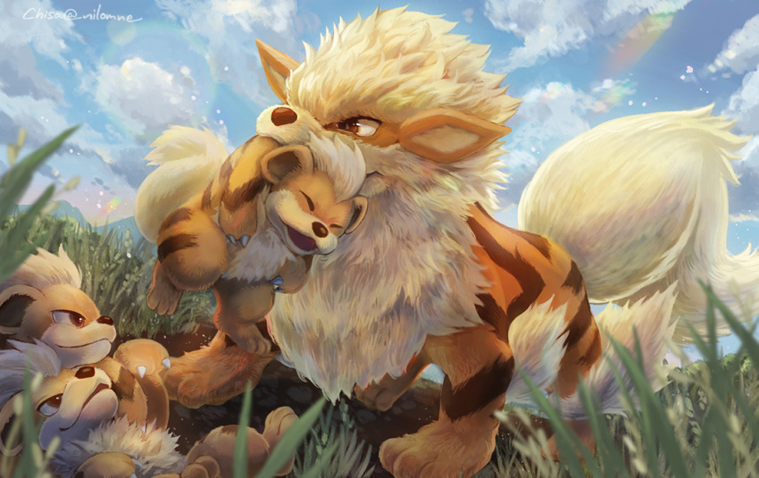 arcanine claws clouds commentary_request day fluffy grass growlithe lying momomo12 mouth_hold no_humans on_back outdoors pokemon pokemon_(creature) sky standing