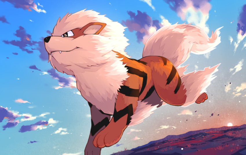 arcanine brown_eyes closed_mouth clouds commentary_request day fangs fangs_out no_humans outdoors pokemon pokemon_(creature) running sky smile solo sun sunset yoshida_(penguindynamite)