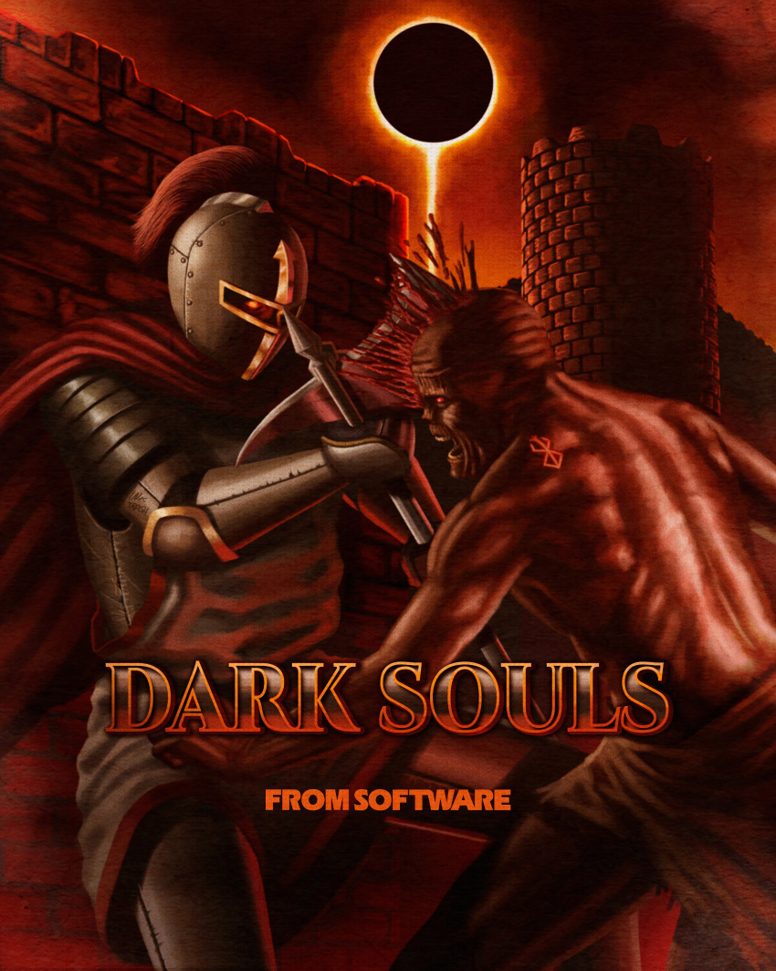 1990s_(style) 2others absurdres ambiguous_gender armor axe battle battle_axe blood breastplate cape castle chosen_undead copyright_name cover dark_souls_(series) dark_souls_i eclipse english_commentary fake_cover full_armor gauntlets glowing glowing_eyes helmet highres in_the_face knight lunar_eclipse multiple_others pauldrons plume red_cape red_eyes red_theme retro_artstyle shoulder_armor ultimate_ink_trash undead weapon