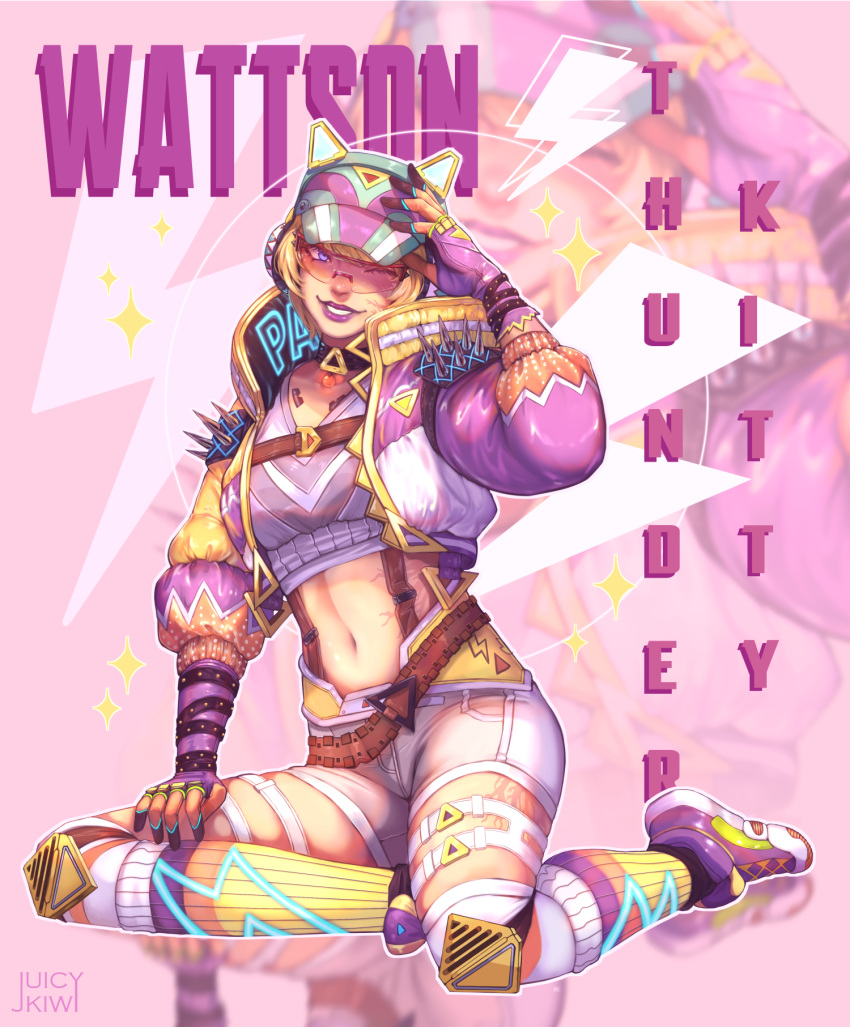 1girl apex_legends artist_name belt blonde_hair breasts brown_belt character_name cropped_shirt grey_shirt grey_shorts highres kneehighs looking_to_the_side medium_breasts midriff navel official_alternate_costume one_eye_closed parted_lips purple_footwear purple_headwear purple_lips scar scar_on_cheek scar_on_face shirt shoes short_hair shorts sitting smile sneakers solo sunglasses thigh_strap thunder_kitty_wattson wattson_(apex_legends) wiki_(juicykiwi) zoom_layer