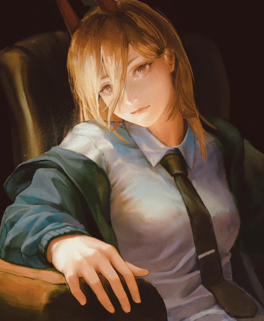 +_+ 1girl arm_support artist_request bangs black_necktie blue_jacket breasts chainsaw_man chair closed_mouth collared_shirt crosshair_pupils hair_between_eyes higashiyama_kobeni highres horns indoors jacket lips long_hair long_sleeves looking_at_viewer necktie off_shoulder open_clothes open_jacket pink_eyes power_(chainsaw_man) red_horns shirt short_sleeves sitting solo white_shirt