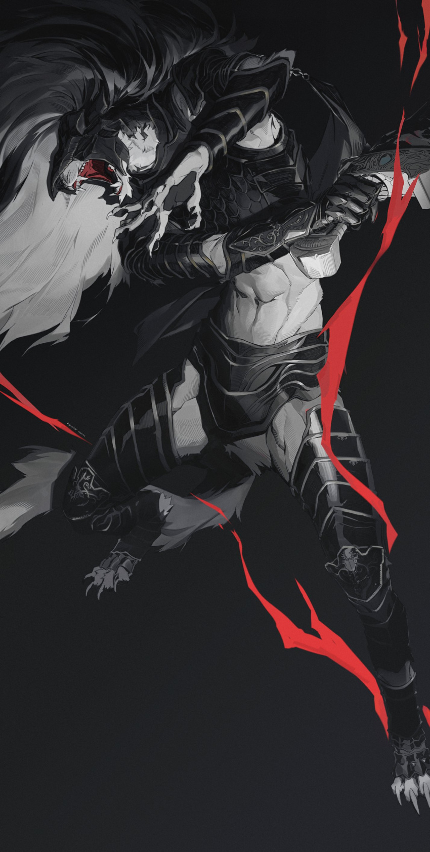 1boy absurdres armor black_background claws commentary elden_ring english_commentary furry furry_male grey_hair helmet highres holding holding_weapon long_hair male_focus maliketh_the_black_blade midriff monster open_mouth simple_background solo teeth weapon white_hair yoshi_kaoru