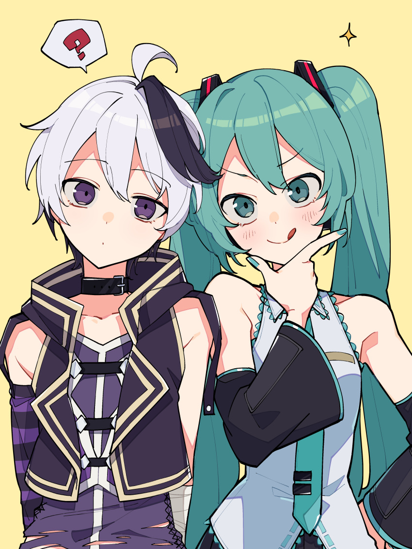 2girls :d ? absurdres androgynous aqua_eyes aqua_hair aqua_nails aqua_necktie arm_warmers arms_behind_back asymmetrical_sleeves bandages bare_shoulders belt_collar black_hair black_skirt black_sleeves collar commentary detached_sleeves dot_mouth flat_chest flower_(vocaloid) grey_shirt hair_ornament hand_on_hip hand_on_own_chin hatsune_miku head_tilt headphones highres jacket long_hair multicolored_hair multiple_girls nail_polish necktie odd_(miyoru) purple_jacket purple_shirt shirt short_hair single_arm_warmer skirt sleeveless sleeveless_jacket sleeveless_shirt smile sparkle speech_bubble spoken_question_mark streaked_hair tongue tongue_out torn_clothes twintails upper_body v-shaped_eyebrows v_flower_(vocaloid4) very_long_hair violet_eyes vocaloid white_hair yellow_background