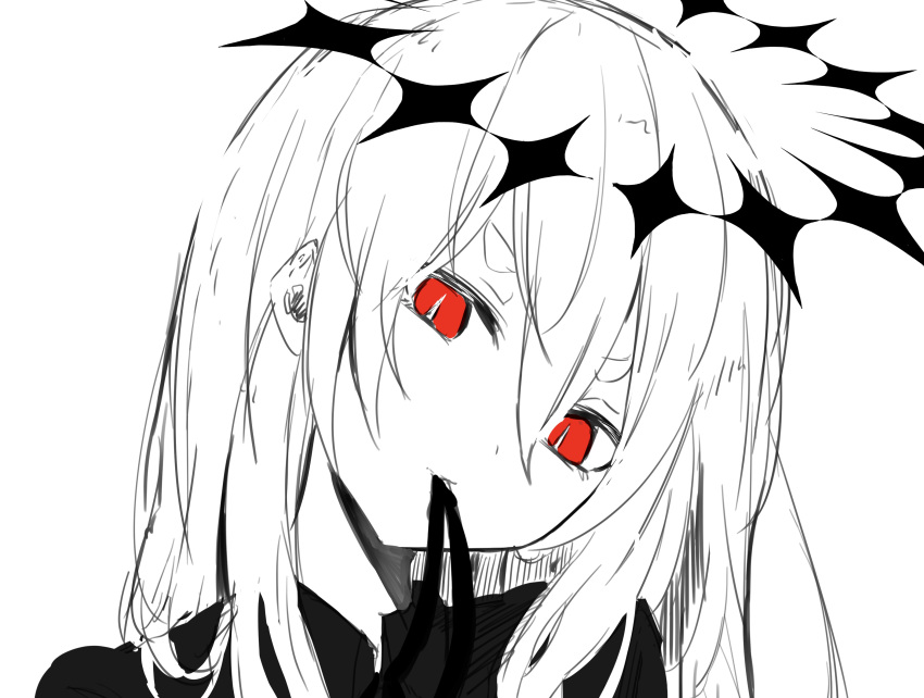 1girl absurdres bangs closed_mouth collared_shirt gekiyaku hair_between_eyes head_tilt highres long_hair looking_at_viewer monochrome mouth_hold neck_ribbon poono portrait red_eyes ribbon ribbon_in_mouth shirt short_eyebrows simple_background sketch solo spot_color thick_eyebrows utau white_background