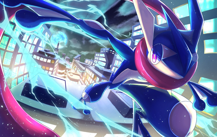 bright_pupils building clouds commentary_request greninja looking_at_viewer moon night no_humans outdoors pokemon pokemon_(creature) ririri_(user_rkrv7838) shiny sky solo toes violet_eyes white_pupils window