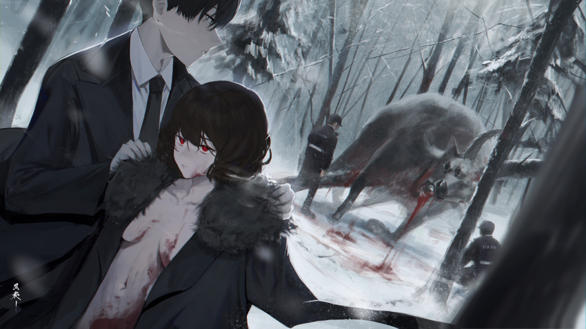 1girl 1other 3boys absurdres after_battle black_hair black_necktie blood blood_on_breasts blood_on_face blood_on_snow breasts breasts_apart collared_shirt cr_iws_t_72 death drooling_blood formal hair_between_eyes highres jacket looking_at_another medium_breasts monster multiple_boys necktie original parted_lips pine_tree police police_uniform red_eyes scenery shirt short_hair slit_pupils snow suit tree uniform winter