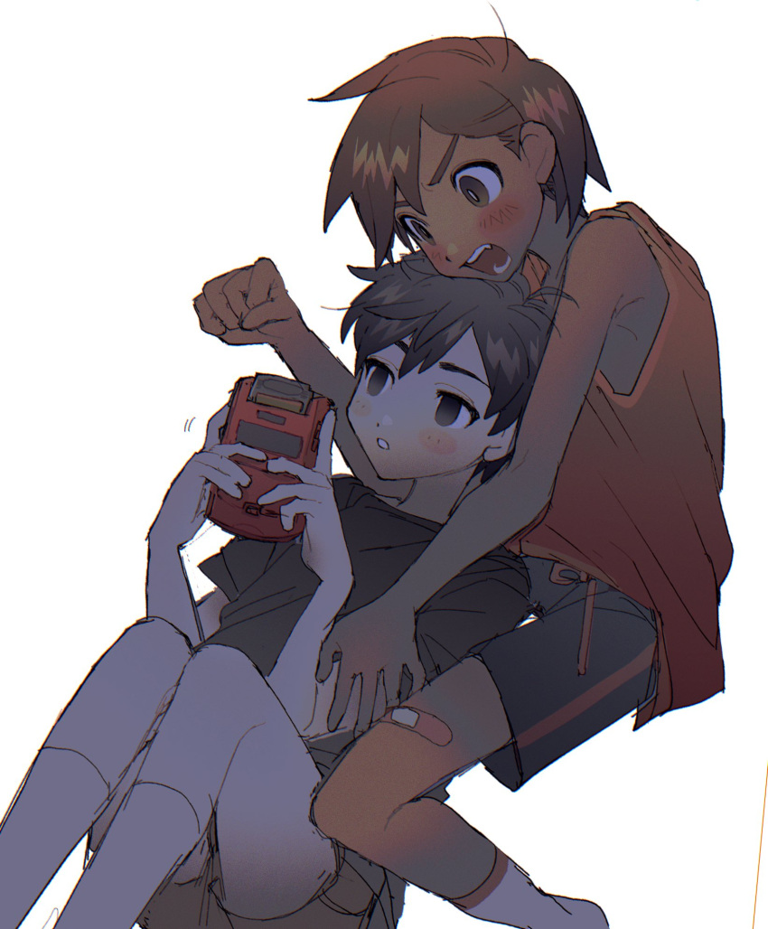 2boys bandaid bandaid_on_leg bangs black_eyes black_hair black_shirt black_shorts brown_eyes brown_hair brown_shorts commentary english_commentary game_console highres kbs_omo kel_(omori) male_focus multiple_boys omori open_mouth orange_tank_top parted_lips playing_games shirt short_hair shorts simple_background sunny_(omori) tank_top v-shaped_eyebrows white_background