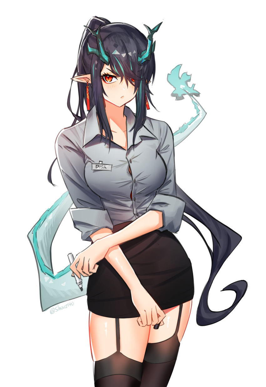 1girl absurdres aqua_hair arknights artist_name bangs black_hair black_legwear black_skirt breasts character_name closed_mouth collarbone collared_shirt cowboy_shot crossed_arms dragon_girl dragon_horns dragon_tail dusk_(arknights) earrings eyes_visible_through_hair garter_straps grey_shirt high_ponytail highres holding horns id_card jewelry long_bangs looking_at_viewer marker miniskirt mixed-language_commentary multicolored_hair parted_bangs pencil_skirt pointy_ears red_eyes shirt shouz simple_background skirt sleeves_rolled_up solo tail tail_raised tassel tassel_earrings taut_clothes taut_shirt two-tone_hair white_background