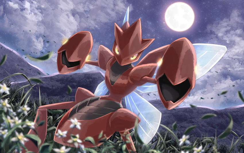 blurry clouds commentary_request crudefish fighting_stance flower leaf leaves_in_wind legs_apart looking_at_viewer moon night no_humans outdoors pokemon pokemon_(creature) scizor sky solo standing white_flower yellow_eyes
