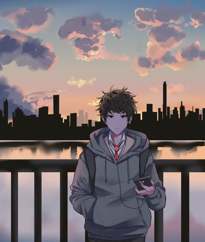 1boy black_eyes brown_hair cellphone city cityscape closed_mouth clouds cloudy_sky earphones earphones eyebrows_visible_through_hair grey_hoodie hand_in_pocket highres holding holding_phone hood hood_down hoodie looking_at_viewer male_focus mashilemo necktie original outdoors phone railing red_necktie reflection silhouette sky solo water