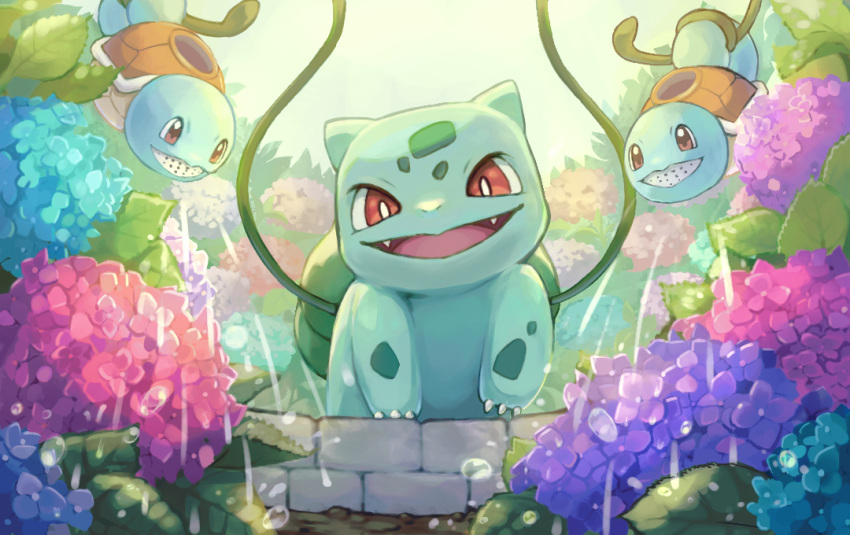 backlighting bright_pupils bulbasaur claws commentary_request day fangs flower happy hydrangea kotatsukarakita looking_down no_humans open_mouth outdoors plant pokemon pokemon_(creature) pouring red_eyes squirtle themed_object tongue vines water_drop watering_can white_pupils