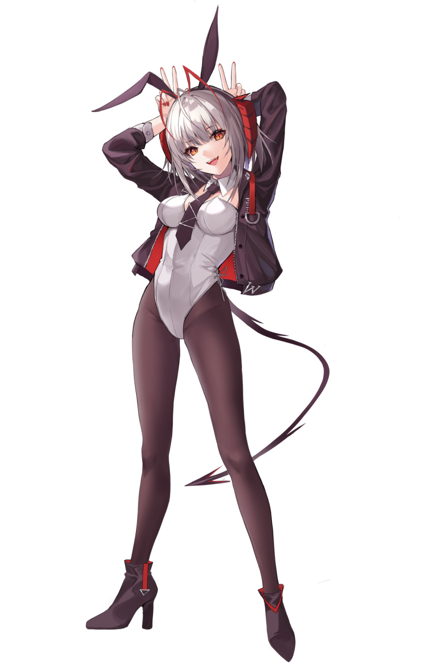 1girl :d alternate_costume animal_ears antenna_hair arknights bangs between_breasts black_footwear black_hairband black_jacket black_legwear black_necktie breasts demon_girl demon_horns demon_tail detached_collar double_v eyebrows_visible_through_hair fake_animal_ears full_body grey_leotard hairband high_heels highres horns jacket kernel_killer large_breasts leotard looking_at_viewer multicolored_hair necktie necktie_between_breasts open_clothes open_jacket open_mouth orange_eyes pantyhose playboy_bunny rabbit_ears redhead short_hair silver_hair smile solo standing strapless strapless_leotard tail two-tone_hair unzipped v w_(arknights)