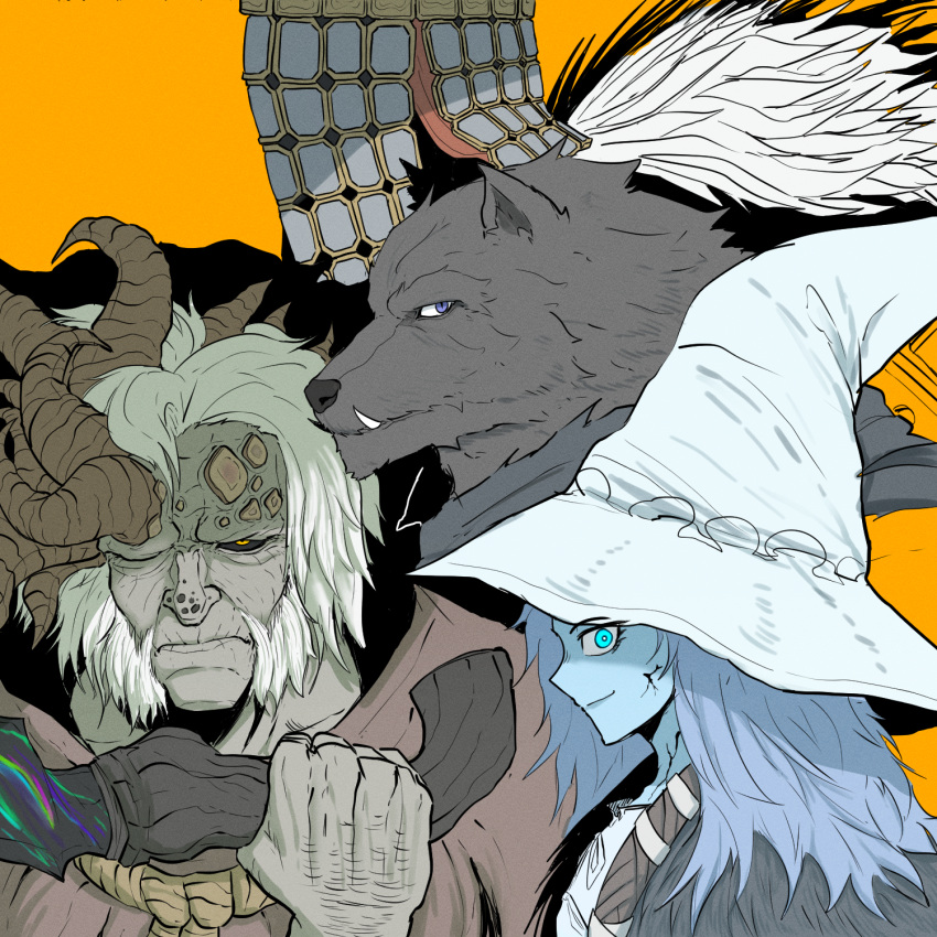 1girl 2boys black_sclera blaidd_the_half-wolf blue_hair blue_skin colored_sclera colored_skin cracked_skin elden_ring eyebrows_visible_through_hat fang gj_gwaeji grey_hair grey_headwear hand_up hat highres holding holding_weapon horns long_hair looking_at_viewer margit_the_fell_omen multiple_boys orange_background ranni_the_witch short_hair simple_background slit_pupils teeth weapon witch_hat