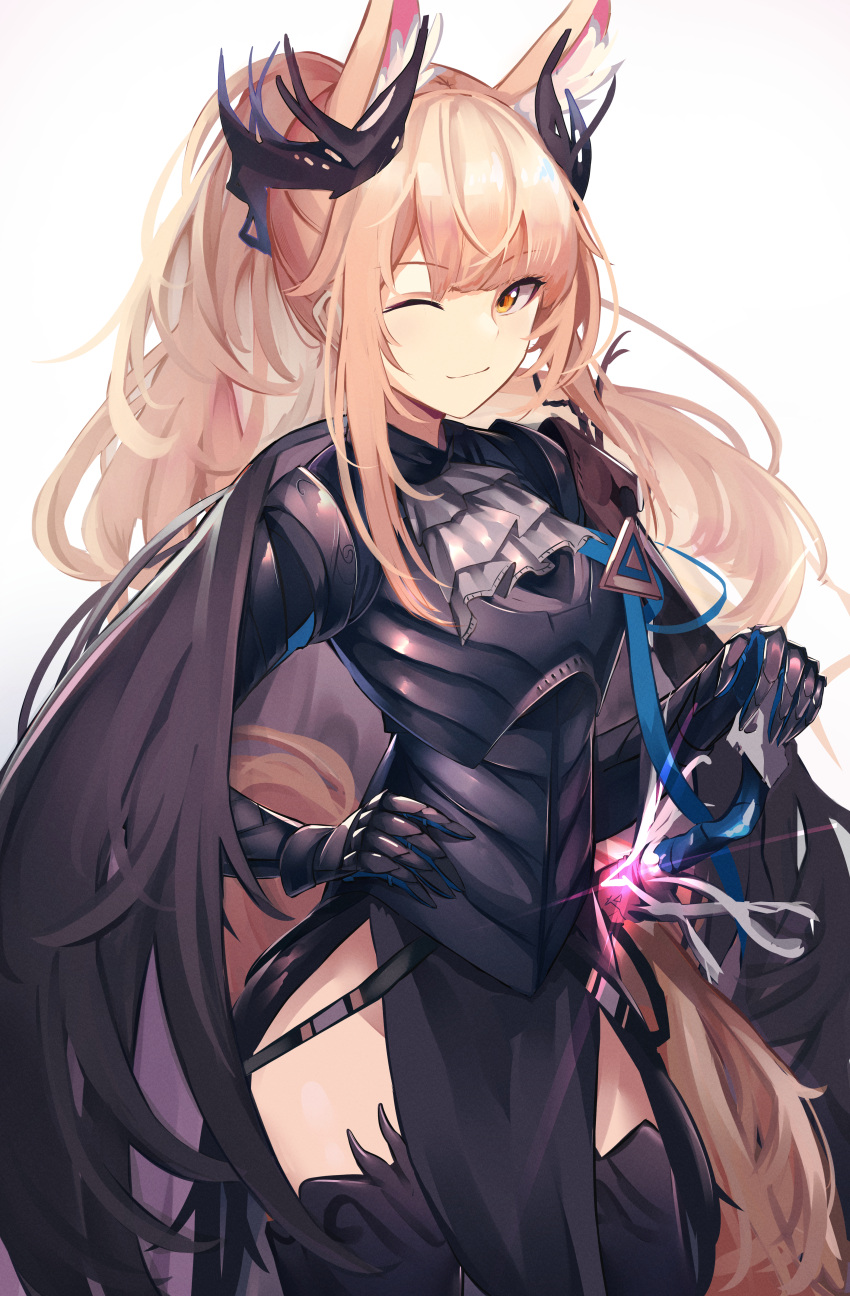 1girl ;) absurdres animal_ear_fluff animal_ears arknights armor armored_dress ascot black_cape black_footwear black_legwear blemishine_(arknights) blemishine_(moon_catastrborn)_(arknights) blonde_hair cape closed_mouth cowboy_shot crown gauntlets grey_ascot hand_on_sheath hand_on_weapon highres horse_ears horse_girl horse_tail long_hair looking_at_viewer official_alternate_costume one_eye_closed orange_eyes pelvic_curtain ponytail sheath sheathed shiki44boku smile solo sword tail thigh-highs very_long_hair weapon