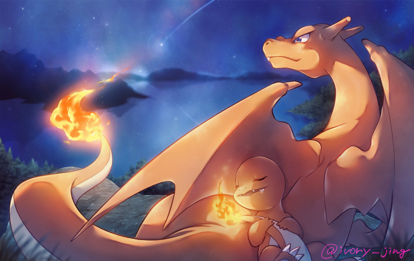 charizard charmander closed_eyes closed_mouth commentary_request fang fang_out fangs flame-tipped_tail grass highres ivory_(25680nico) night no_humans open_mouth outdoors pokemon pokemon_(creature) shooting_star sky sleeping star_(sky)
