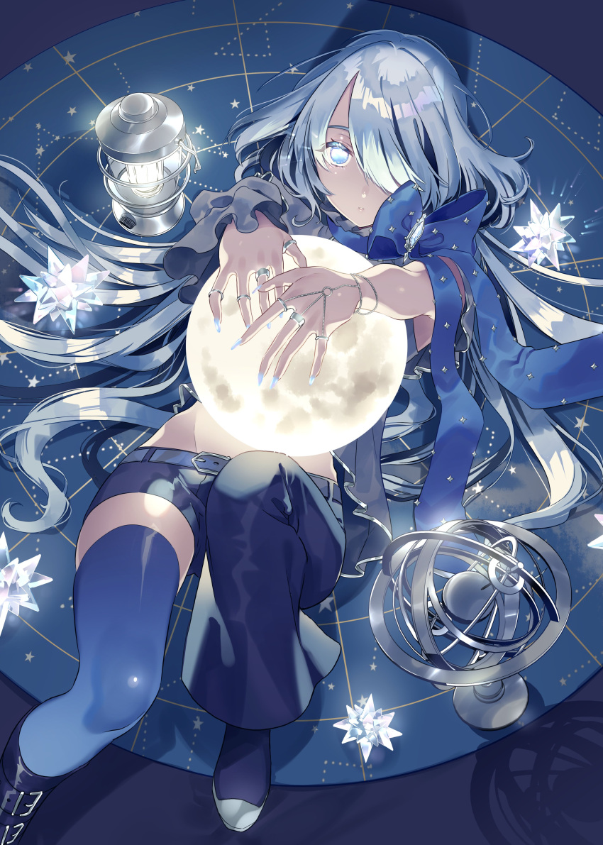 1girl absurdres asymmetrical_footwear boots constellation gem hazuki_mizuho high_heels highres holding jewelry lamp looking_at_viewer looking_up lying medium_hair mismatched_footwear nail on_back on_ground original ring silver_hair solo solo_focus thigh-highs