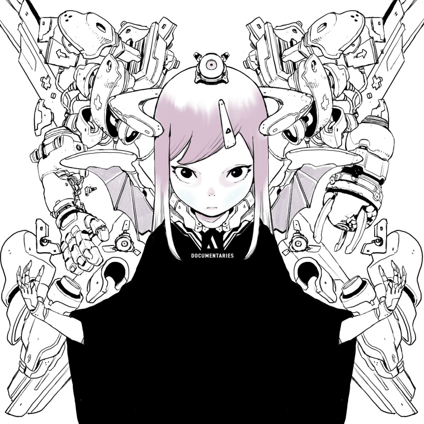 1girl acky_bright arms_up artificial_eye bangs commentary_request hair_ornament hairclip highres horns looking_at_viewer mechanical_arms mechanical_eye mechanical_horns mechanical_parts mechanical_wings monochrome neckerchief original simple_background solo white_background wings